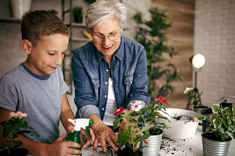 Grandma and grandson planting flowers